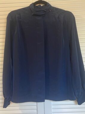 Vtg Sophisticates Pendleton High Neck Button Down Blouse Top Navy Blue 80s
